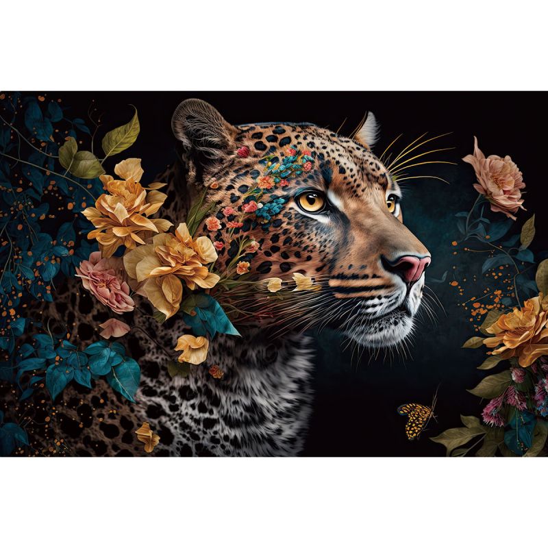 Glasschilderij 120x80x0.4 Leopard with flowers