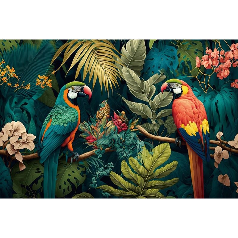 Glasschilderij Papegaaien jungle - 120x80x cm - Uniek 3D Reliëf